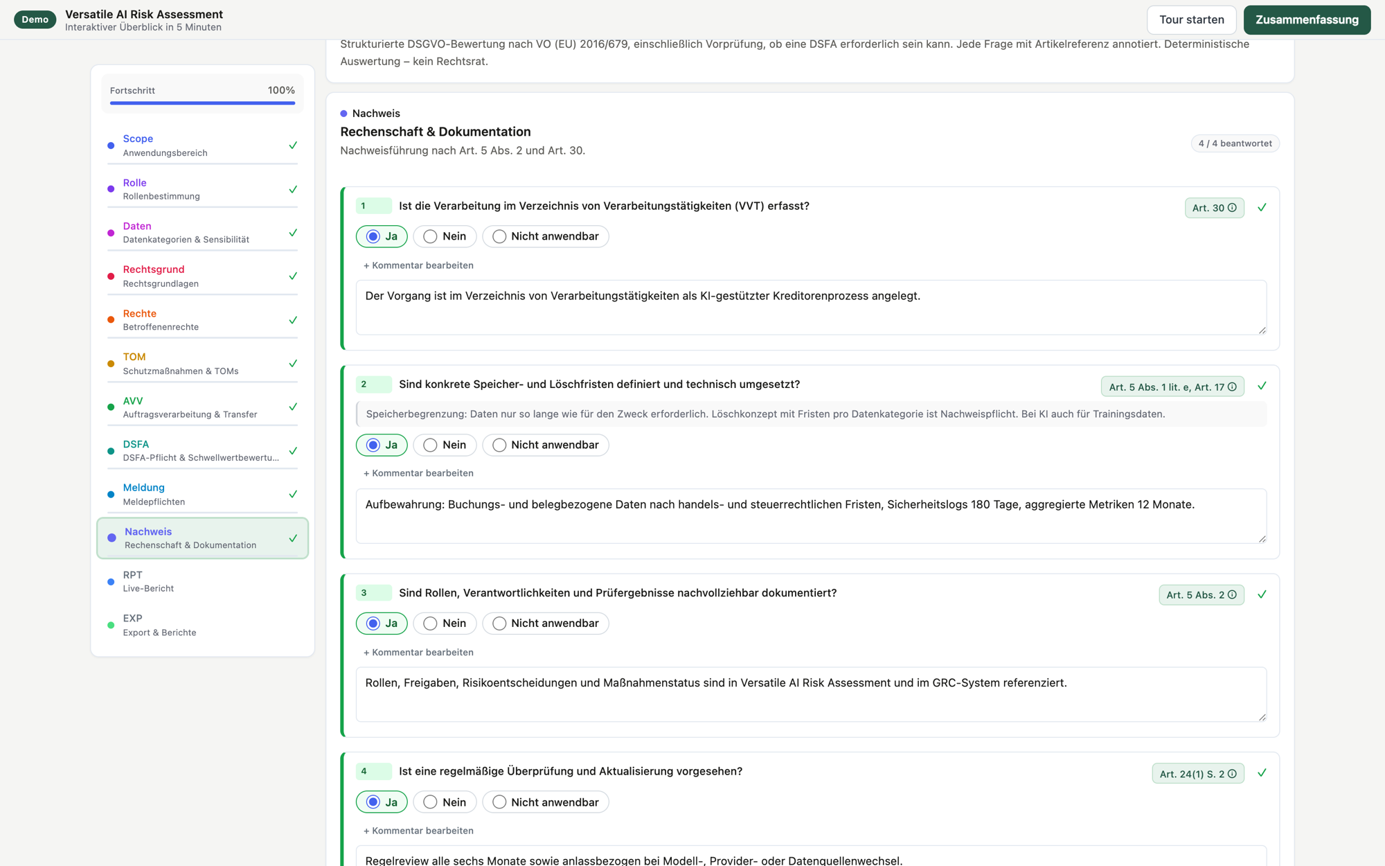 Screenshot: DSGVO-Bewertung mit Fortschritts-Checkliste und Abschnitt Rechenschaft & Dokumentation aus dem Demo-Assessment. Beispieldaten.