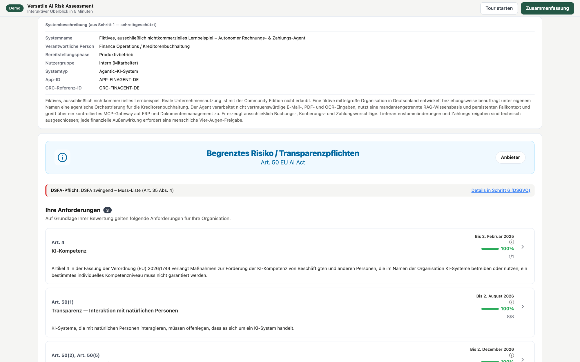 Screenshot: EU-AI-Act-Einordnung mit Systembeschreibung, Einstufung „Begrenztes Risiko / Transparenzpflichten" und Anforderungen samt Fristen aus dem Demo-Assessment. Beispieldaten.