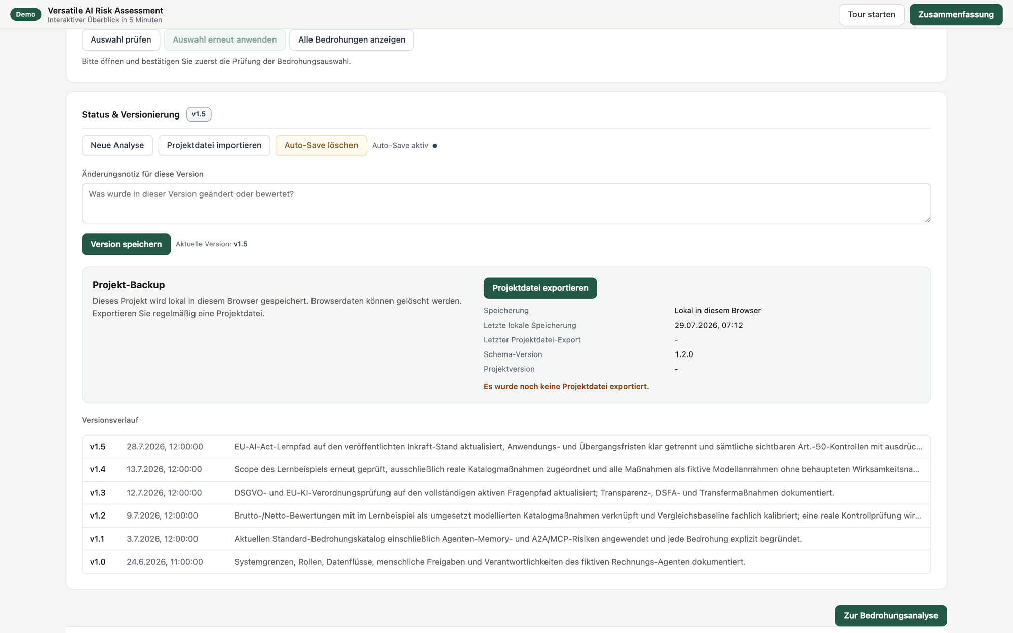 Screenshot: Projekt-Backup der Community Edition mit lokalem Speicherstatus, Schema-Version sowie Export und Import der versionierten Projektdatei. Beispieldaten.