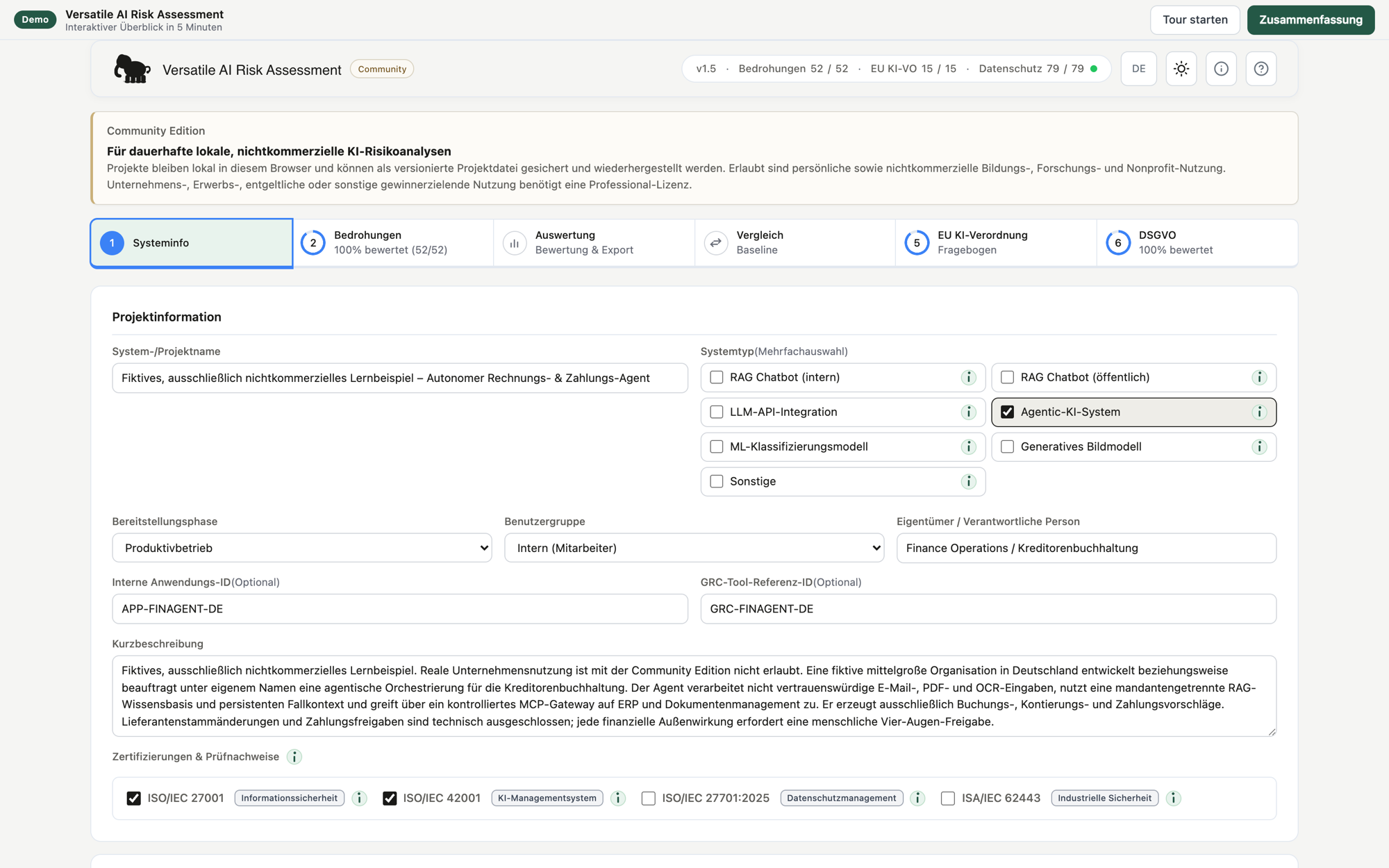 Screenshot: Versatile AI Risk Assessment, Schritt 1 Systeminfo mit Projektdaten des Demo-Assessments „Autonomer Rechnungs- & Zahlungs-Agent“. Beispieldaten.